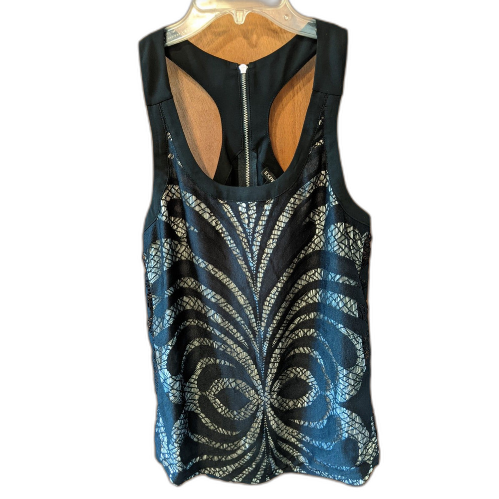 Whimsigoth Black Lace Top Silver Zipper Racer Back Tank Shirt Sz XS Coquette